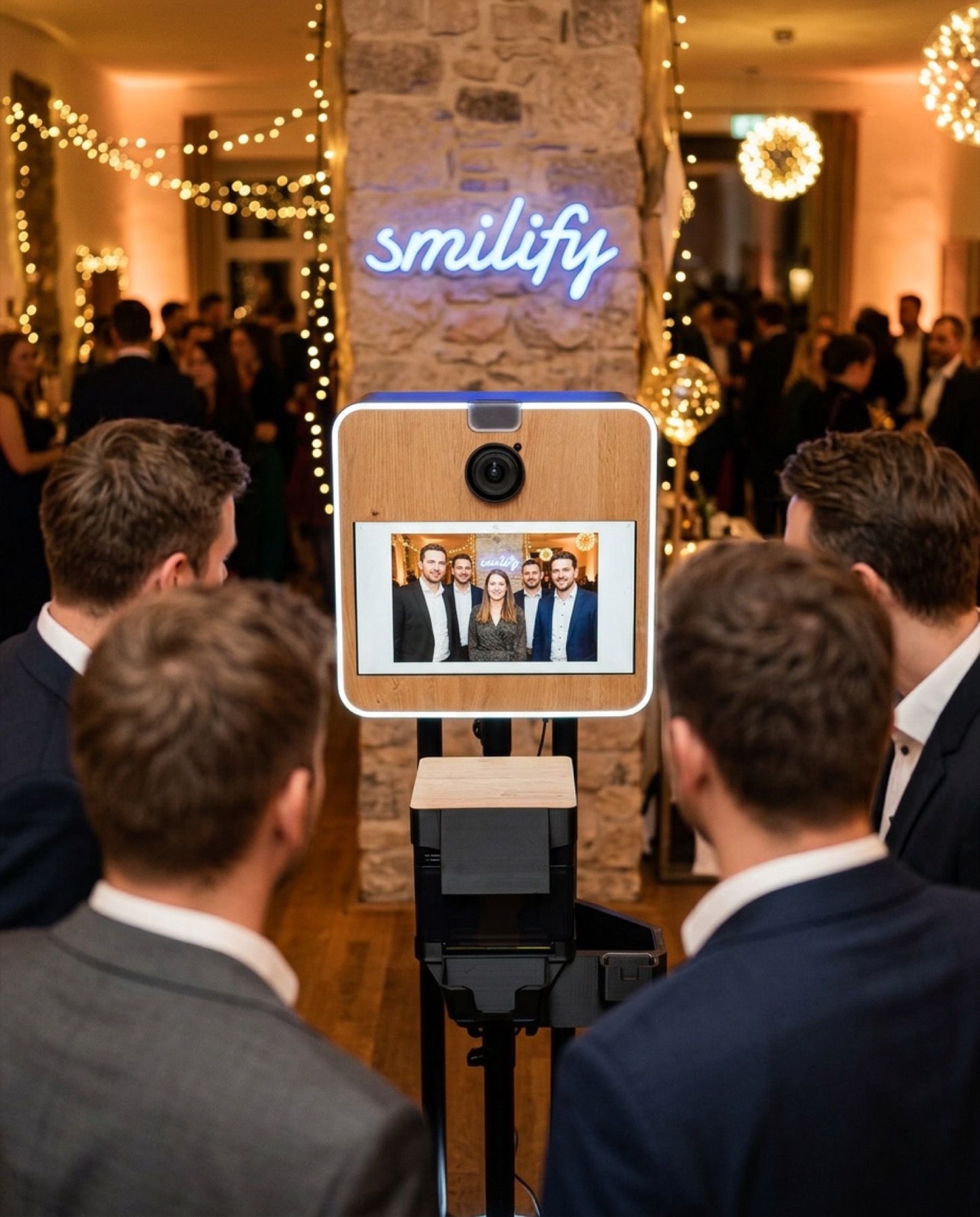 Gäste einer Firmenfeier schauen auf den Monitor der Fotobox, darüber der leuchtende smilify Schriftzug