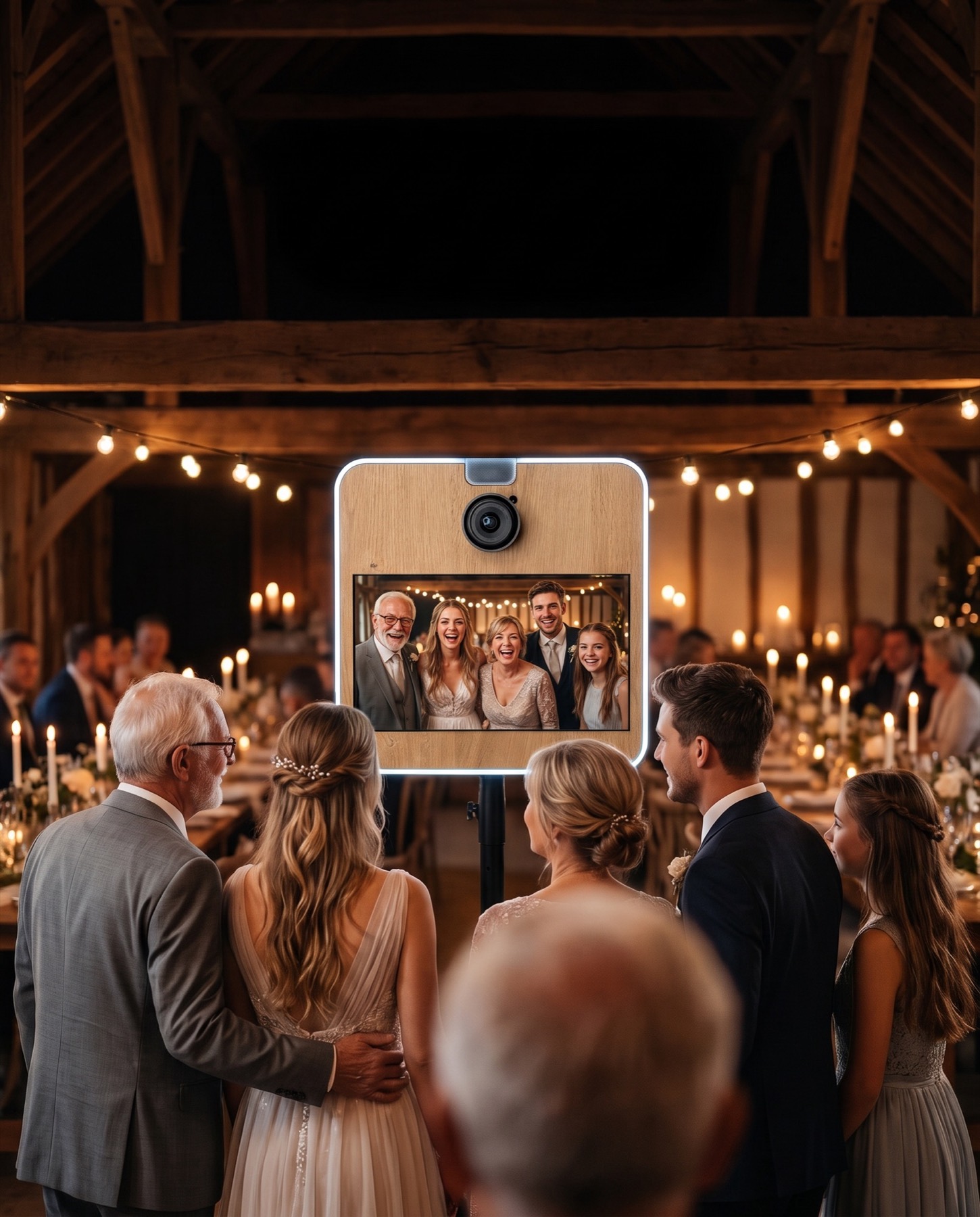 Brautpaar mit Familie vor der Fotobox in einer Scheune mit Lichterketten