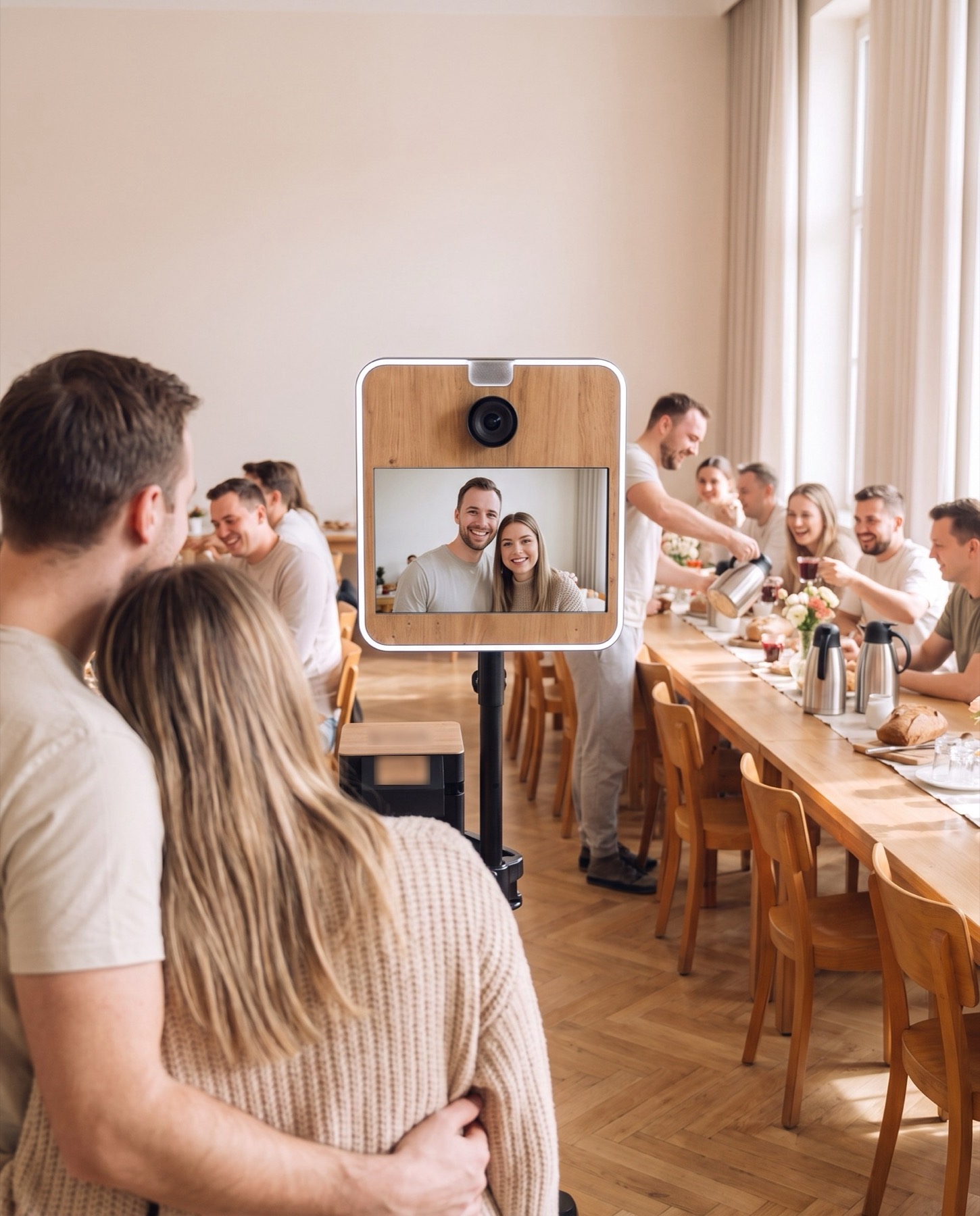 Paar vor der Fotobox bei einer Feier am Tag, daneben eine lange Tafel mit Gästen